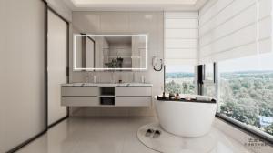 China Sleek Design Stainless Steel Wall-Mounted Bathroom Vanity With Dual Sink And Smart Mirror on sale