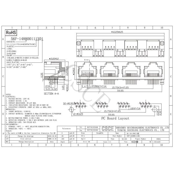 1*4 Ports 8Pin 8Contact RJ45 Modular Jack Connector Without Leds