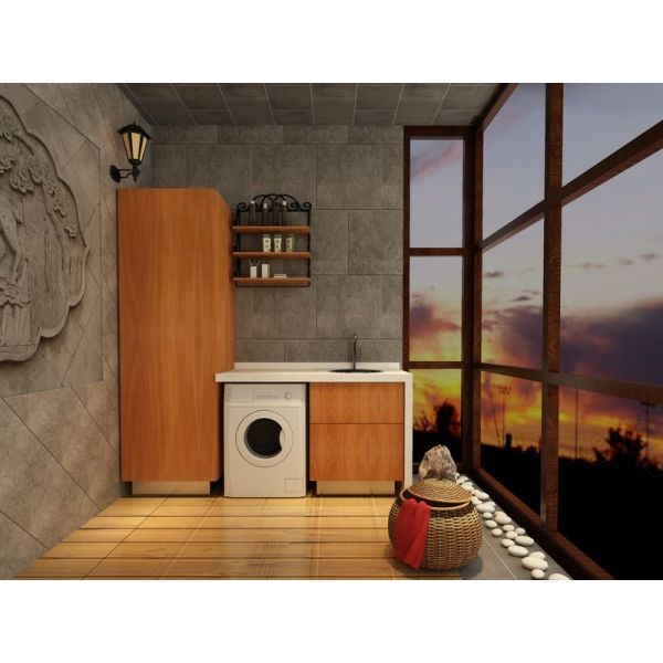 Fadior Warm Wood Grain Metal Laundry Cabinet With Black Round Sink