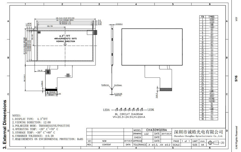 Custom 4.3in TFT LCD Module 24 Bit RGB Interface 480*272 Dots