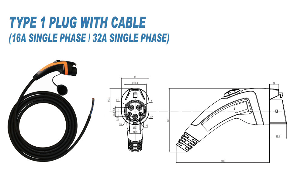 Single Phase 16A 32A SAE J1772 Type 1 Charger Cable