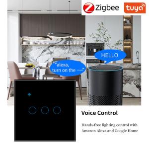 UBARO Tuya Zigbee Smart Switch Support Voice Activated Wall 3 Gang 10A Black App/Touch Control Timing Sharing