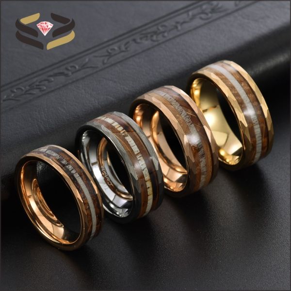 8mm Black Tungsten Ring with Deer Antler and Rose Gold Strip Inlay The Ultimate Wedding Essential