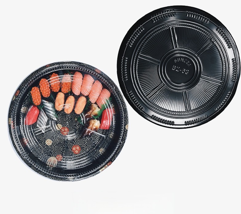 Custom Round Sushi Packaging Box Disposable Black Takeaway Sushi Food Box Japanese Salmon Sashimi Platter Packaging Box