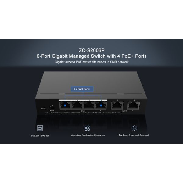 Gigabit 6 Port Managed Switch IEEE 802.3at / IEEE 802.3af With 4 PoE Ports
