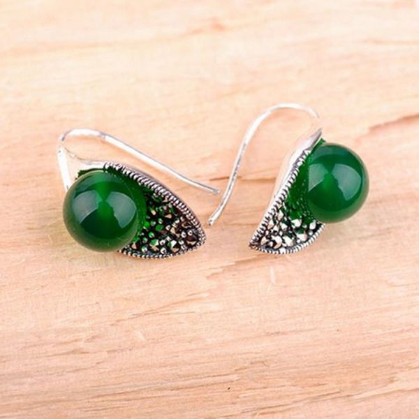 Thai Vintage Sterling Silver 10mm Round Green Agate Hoop Earrings (E11061GREEN)