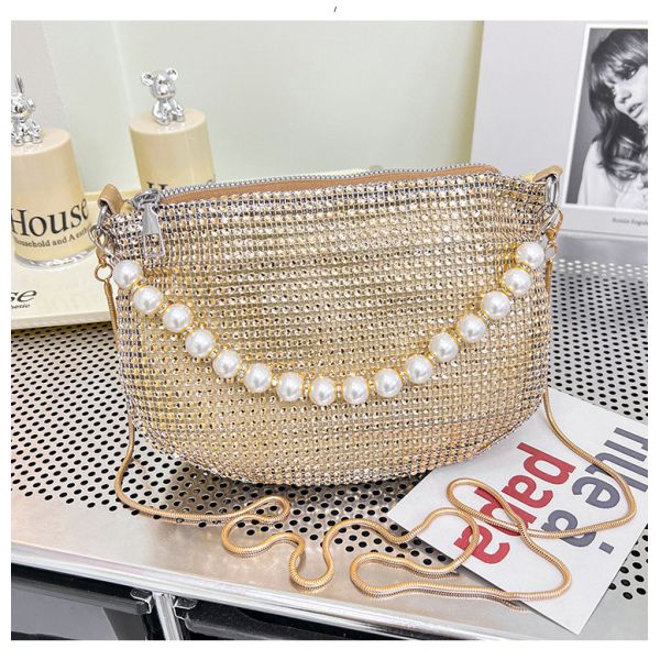 New pearl handle imitation full diamond handbag shoulder bag Cross-border explosive party dinner bag fashion shoulder