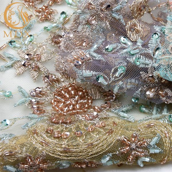 Gold Shiny Sequin Lace Fabric Tulle Embroidery Water Soluble For Evening Dress