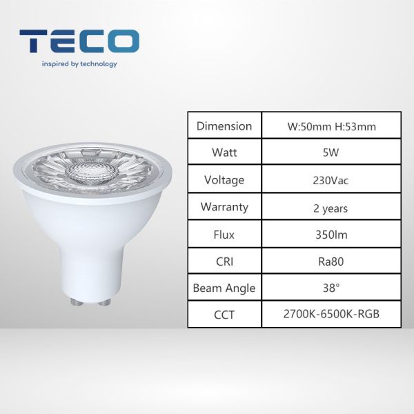 Teco 80 CRI RGB GU10 Led Smart Bulb 38 Degree 230V LED Spotlight 350lm Dimmable