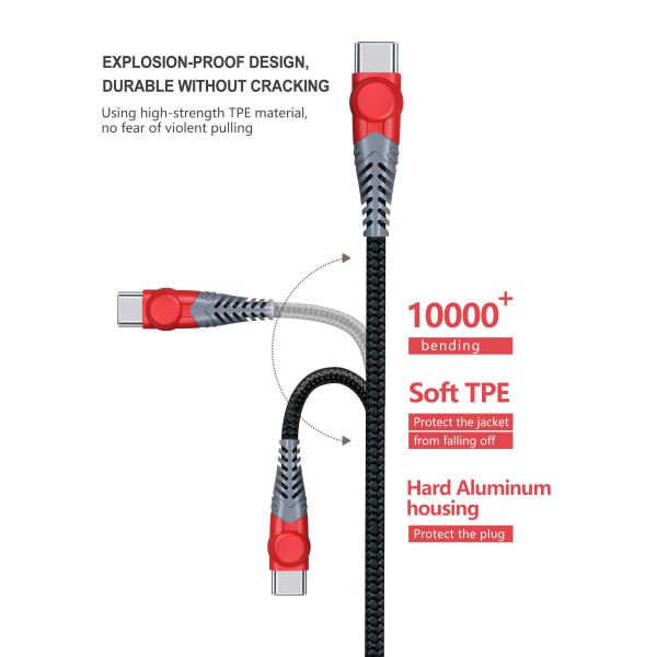 Cotton Braided Usb C Cable , PD 60W 6 Feet 3A Usb 2.0 Type C Cable