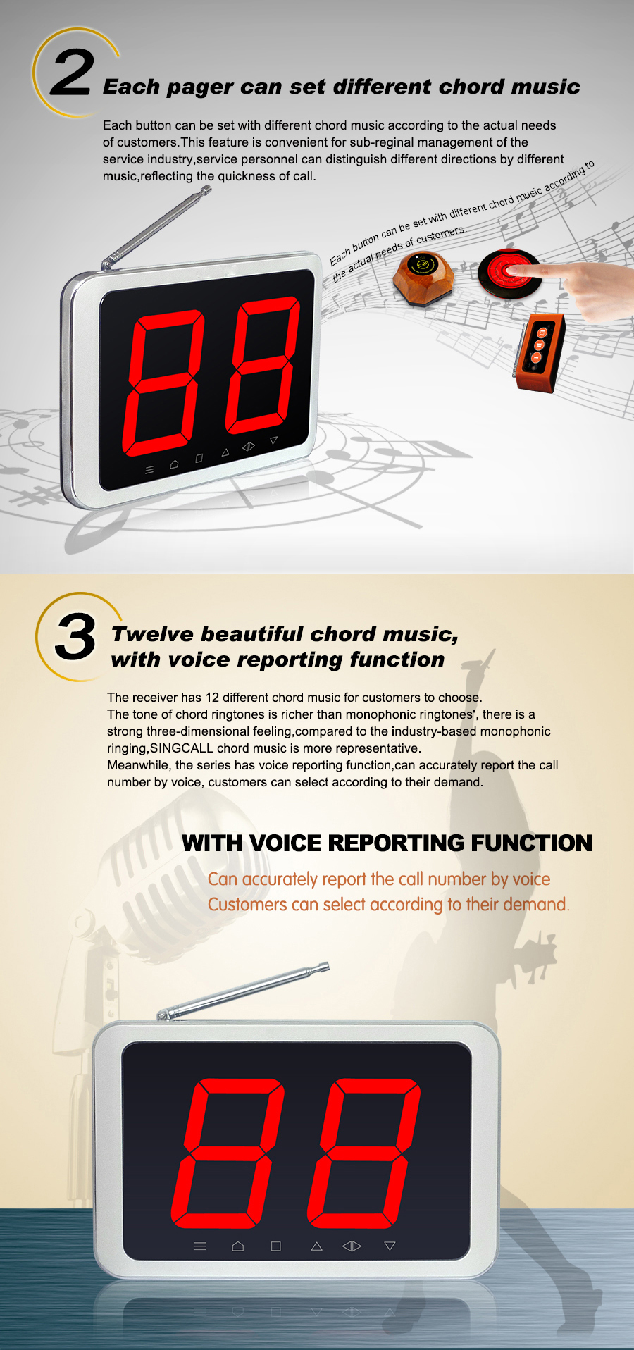 Wireless smart long range restaurant table calling system display receiver and call button