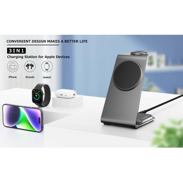 Fast Wireless Charging Aluminum Alloy Charger for iPhone Samsung Smartphones Earbuds & iWatch