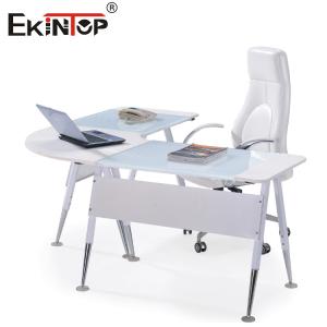 China Modern Glass L Shaped Office Desk With Silver Legs on sale