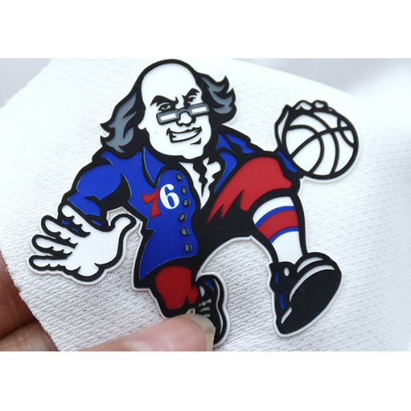 Custom Silicone Labels Cartoon Garment Patches Old Man Playing Basketball Pattern
