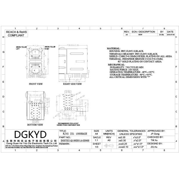 PCB Mount Modular 8P8C 2x1 Female RJ45 Ethernet Connector