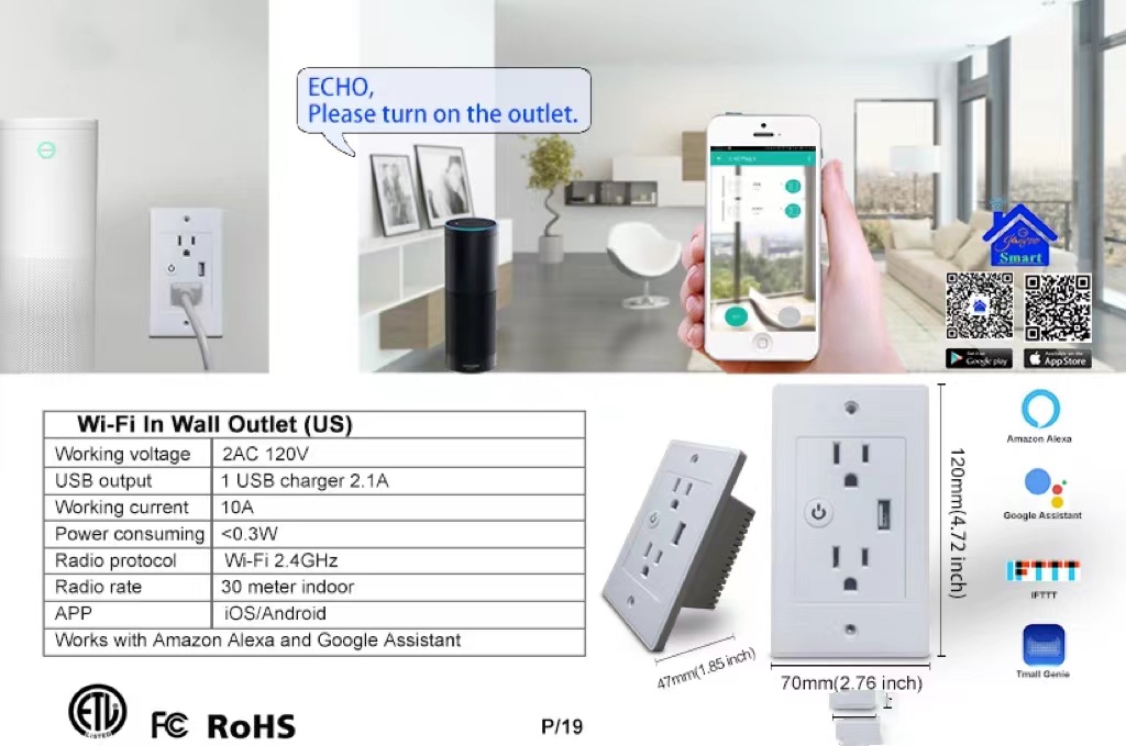 Smart Wifi Tuya US Standard Wall Socket with USB 2 Plug Outlets For Home Use Electrical 10A 120V Socket With Google&Alex