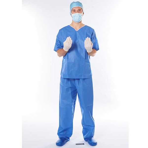 Hospital Round Neck Blue Unisex Uniform Scrub Suit Set Scrub Suit with Elastic Waist