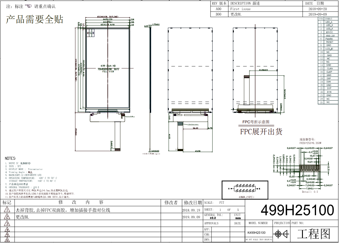 5.0 4.99'' 720 X 1280 IPS MIPI ILI9881D TFT LCD Module View Angle Capacitive Touch Panel